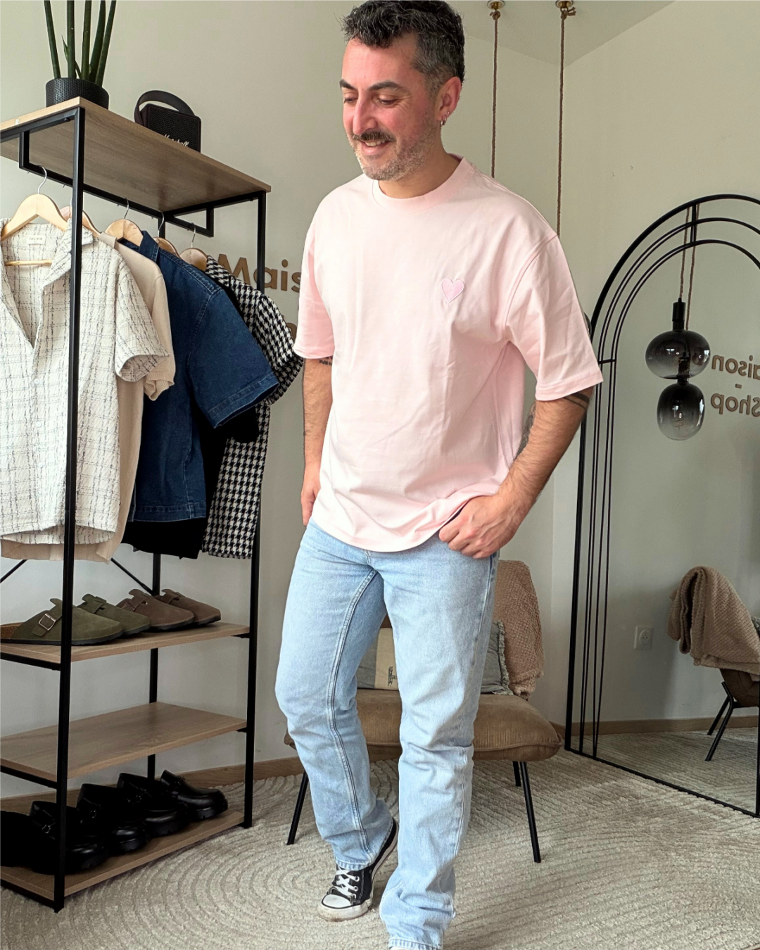 LENO – T-shirt homme rose cœur brodé