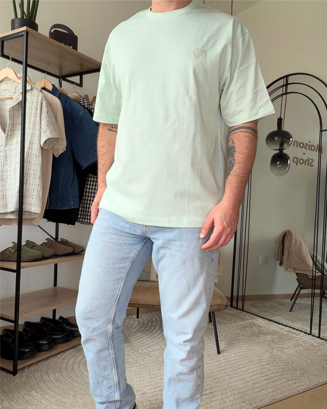 LENO – T-shirt homme vert menthe cœur brodé