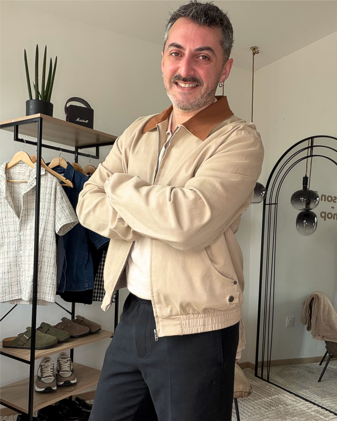 KAEL – Veste homme beige col contrasté marron