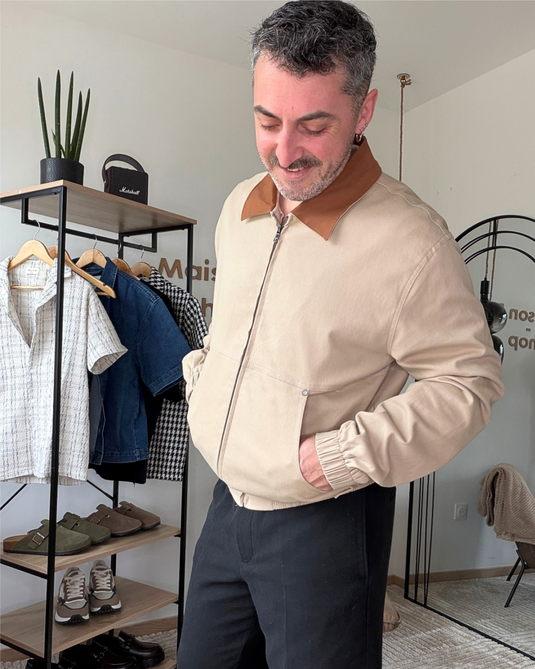 KAEL – Veste homme beige col contrasté marron